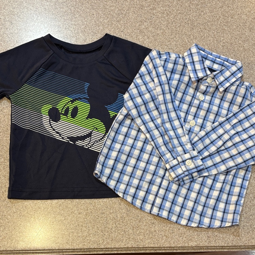 Nautica Blue Plaid Button Down + Disney Navy Graphic Tee Bundle Boys 12M EUC